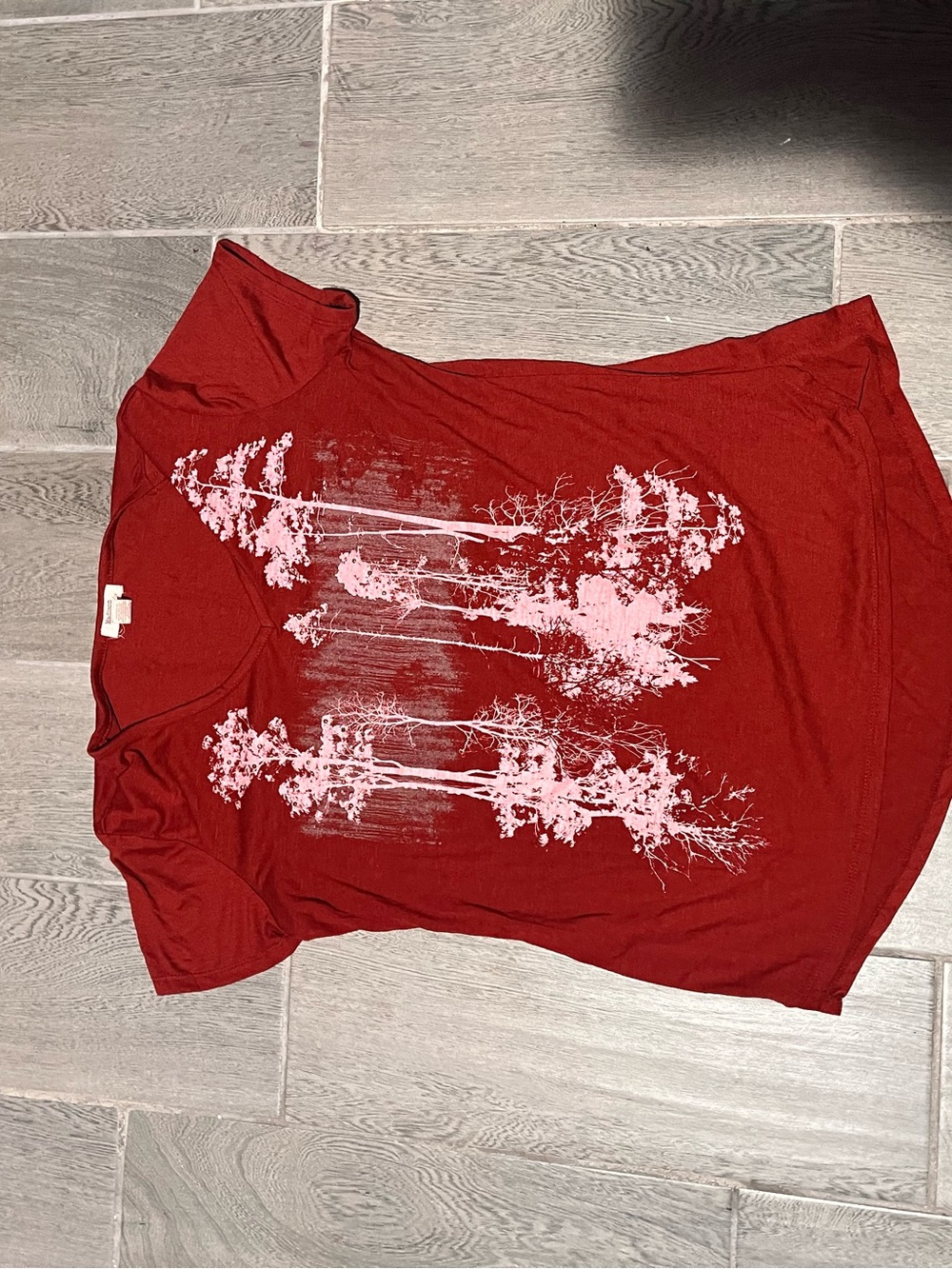 Madison & Berkeley Brick Red Tee with Pale Pink Tree Print